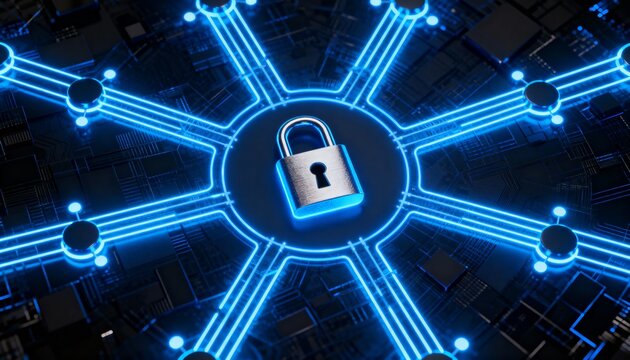 Cyber defense system visualization with padlock in the center of digital network and glowing blue neon connections, futuristic cybersecurity technology, secure data protection and information safety