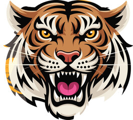 Roaring tiger head illustration, aggressive wild animal mascot, powerful predator face, vector artwork for sports team logo, branding, identity design