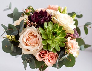 Romantic bouquet of roses, succulents, and greenery