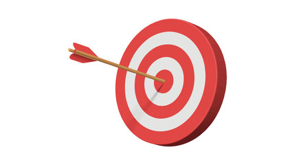 A 3D illustration of a red and white target with a wooden arrow hitting the center bullseye.  