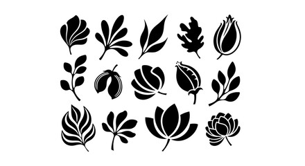 Obraz premium Set of minimalist plant silhouettes. Various abstract floral and foliage shapes for elegant, nature-inspired branding, logos, and graphic design projects.