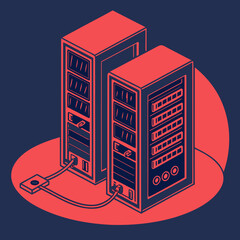 Fototapeta premium Two connected server racks in a minimalist isometric illustration with a dark blue background