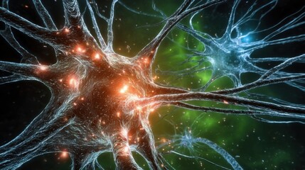 A detailed micro view of neurons with glowing orange and yellow spots on the cell body,