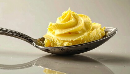Swirls of yellow cream cheese frosting sit artfully on a silver spoon with reflection