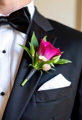 A classic boutonniere adds a sophisticated touch to a tuxedo, featuring a single stem flower with greenery, perfectly complementing formal attire, clothing, accessories