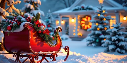 Classic red sleigh brimming with holiday cheer, ready for a snowy adventure. Gleaming wood, rich color, festive details, cartoon, transportation