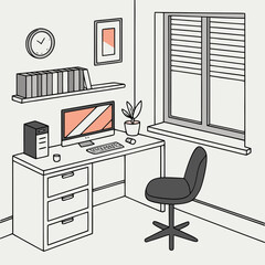 A minimalist illustration of a home office desk setup with a computer, chair, bookshelf, and clock, featuring a window with blinds