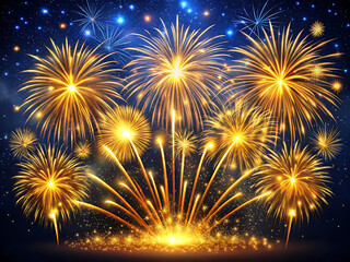 Golden fireworks illuminate the night sky with a dazzling display of light and color, creating a festive atmosphere
