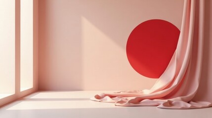 Soft blush pink fabric drapes elegantly across a minimalist room, sunlight streams through a window illuminating a large crimson circle on the wall.