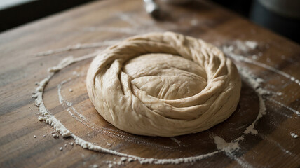 A homemade pizza dough sticks slightly to the counte