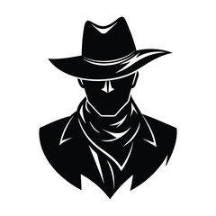 A bold cowboy silhouette wearing a wide-brimmed hat and flowing handkerchief, standing tall with rugged charm, capturing the spirit of the wild, untamed frontier.
