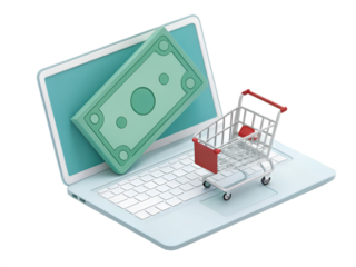 Digital 3d illustration of laptop with money and shopping cart computer dollar bill