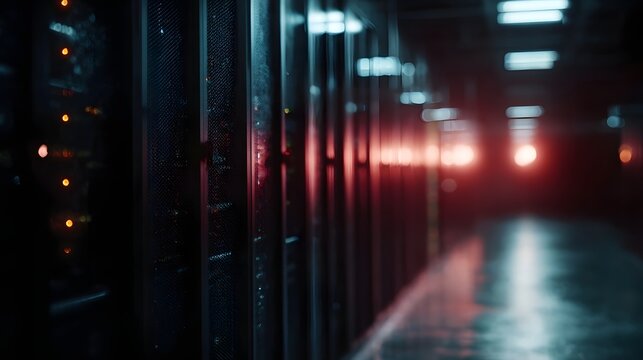 Rows of glowing server racks in a dark modern data center corridor - Powered by Adobe