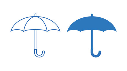 Blue Rain Umbrella Outline and Solid Flat Vector Icon Illustration Graphic Design with Curved Handle for Weather Protection and Rainy Day Minimalist Style Accessory