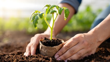  photograph of a tomato seedling being carefully planted in a biodegradable pot.
The young plant with fresh green leaves is the sharp focal point, highlighted with natural daylight and cinematic bokeh