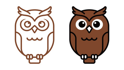 Cute Cartoon Brown Owl Bird Outline and Solid Flat Vector Icon Illustration Graphic Design for Night Wildlife Animal and Forest Fauna Minimalist Style Mascot