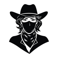 A bold cowgirl outlaw in silhouette, wearing a bandana and hat, exuding fearless charm and wild western spirit in a striking, mysterious portrait.
