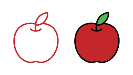 Red apple fruit outline and color illustration set. Simple vector drawing of a popular and classic healthy fruit perfect for educational and food design.