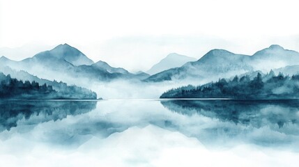 Serene blue watercolor landscape of misty mountains and calm reflective lake creating a peaceful natural scene with soft tones and atmospheric depth