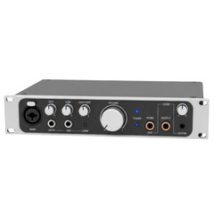 Obraz premium Silver rackmount audio interface with multiple knobs and ports isolated on transparent background