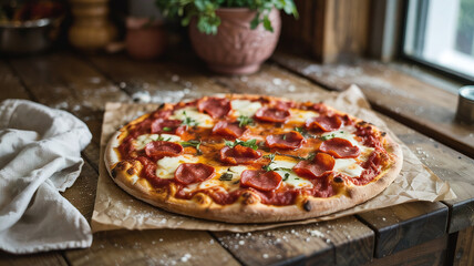 A homemade pizza cools on a counter with a towel