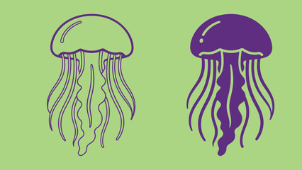 Jellyfish marine life outline and color illustration set on green background. Simple vector drawing of an ocean animal for aquatic and sea life design.