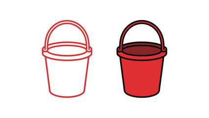 Simple red bucket outline and color illustration set. Vector drawing of a basic container used for cleaning, gardening, or a day at the beach.