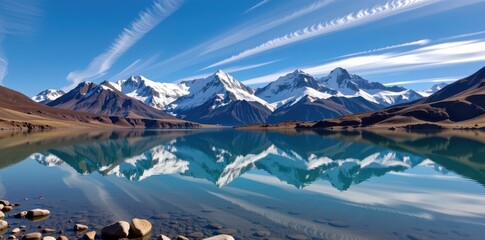 Majestic snow-capped peaks mirror in a pristine, calm lake under a vibrant blue sky. Tranquil alpine scenery, perfect reflection, tranquil, reflection, photography