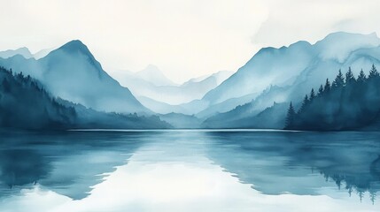 Serene misty mountain landscape with a calm reflective lake surrounded by lush pine forests and distant mountain peaks under a soft cloudy sky