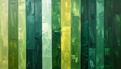 A vibrant abstract painting, featuring vertical bands of various shades of green and yellow, creates a dynamic visual composition.