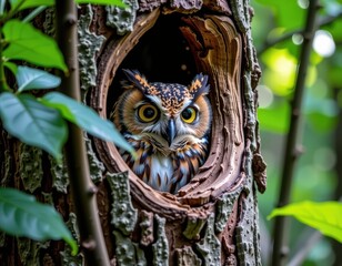 Northern Spotted Owl peering from a tree hollow, large expressive eyes, lush forest background, nature, tree