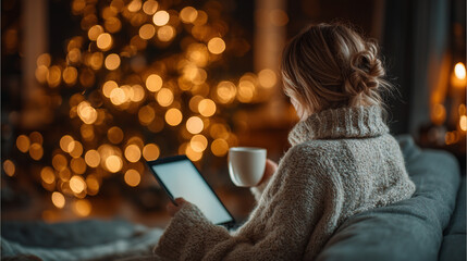 Woman reading electronic book and having hot beverage in cozy living room with Christmas tree in background