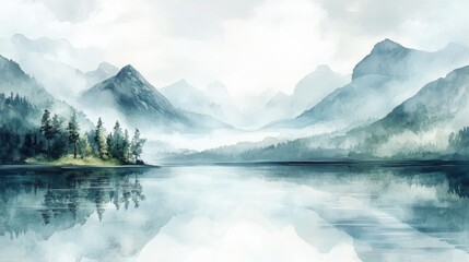 Serene mountain lake landscape with misty peaks reflecting on calm water surrounded by lush forest and distant rugged mountains under cloudy sky
