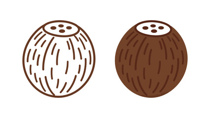 Coconut tropical fruit outline and color illustration set. Simple vector drawing of a brown nut for summer, healthy food, and vacation design elements.