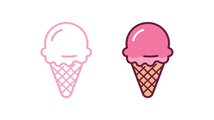 Fototapeta premium Ice cream scoop in waffle cone outline and color illustration set. Simple vector drawing of a sweet frozen dessert for summer, food, and treat concepts.