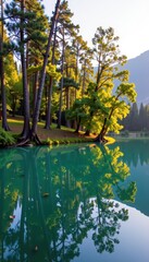 Serene late summer scene: tall trees reflected in a calm, azure lake, golden sunlight filtering through leaves, water, branches, golden hour