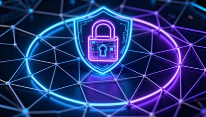 Digital padlock icon in the middle of connected data network with glowing neon design, futuristic cyber defense technology, secure encryption concept, information privacy and online data protection