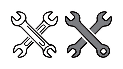 Two crossed wrenches or spanners outline and color illustration set. Simple vector drawing of repair tools for mechanics, service, and technical work.