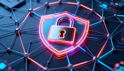 Digital padlock icon in the middle of connected data network with glowing neon design, futuristic cyber defense technology, secure encryption concept, information privacy and online data protection