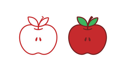 Half red apple fruit outline and color illustration set. Simple vector drawing of a healthy fruit slice with seeds for education and food design.