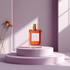 Simple perfume bottle mockup on a minimalist podium, clean studio background, elegant design, packaging mockup, display