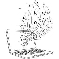 Abstract line art illustration of programming language symbols and data flowing from a laptop screen, representing web development and coding