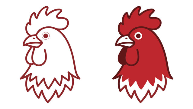 Rooster or cock head icon outline and color illustration set. Simple red vector drawing of a chicken bird for farm, food, and mascot design elements.