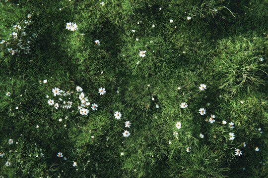 A top-down view of a field of small white flowers amidst lush green grass