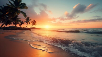 A photo of a tranquil beach sunset with palm trees