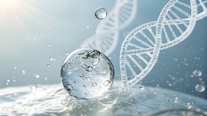 Abstract dna helix and water droplet with bubbles on a light blue background