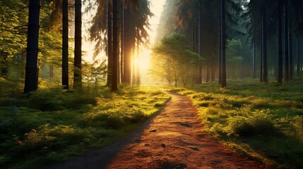 A photo of a tranquil forest path at sunrise