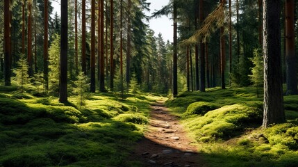 A photo of a tranquil forest path in a pine forest