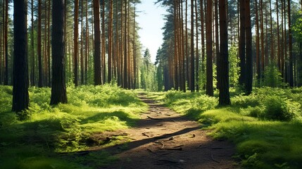 A photo of a tranquil forest path in a pine forest