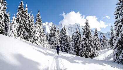 Skier traversing a snow-covered landscape filled with fir trees under a bright blue sky
